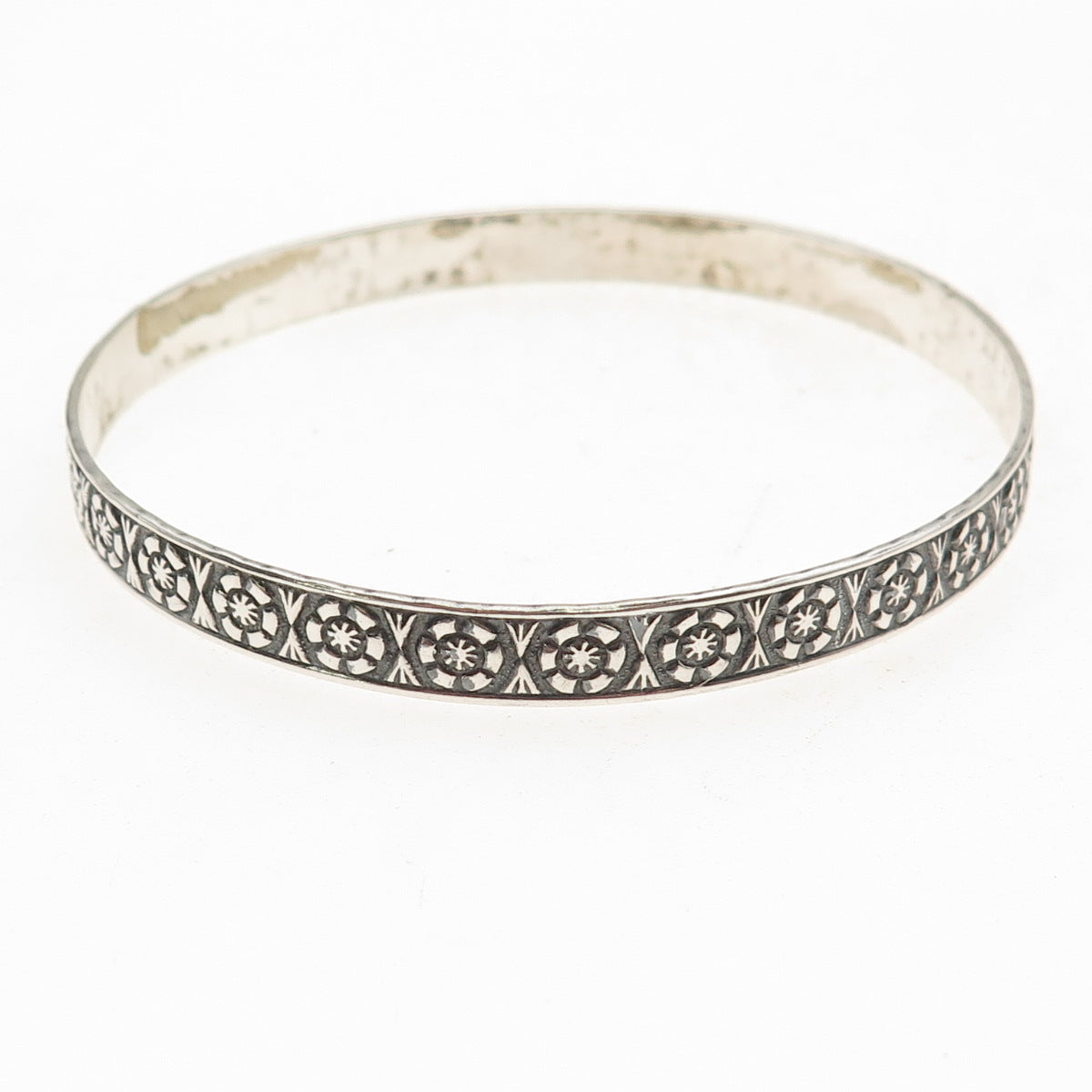 925 Sterling Silver Antique Art Deco Floral Oxidized Bangle Bracelet 8"