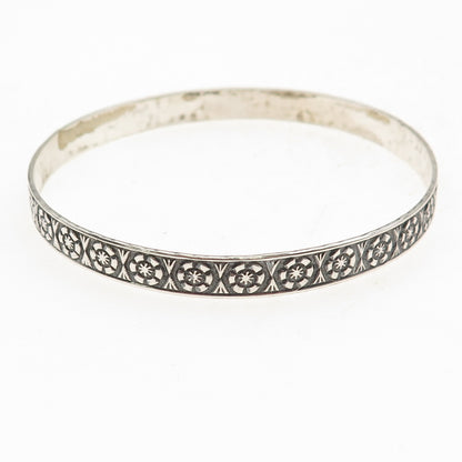 925 Sterling Silver Antique Art Deco Floral Oxidized Bangle Bracelet 8"