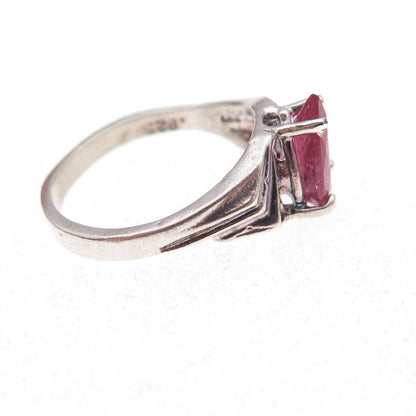 925 Sterling Silver Vintage Real Pink Tourmaline Teardrop Oxidized Ring Size 4.5