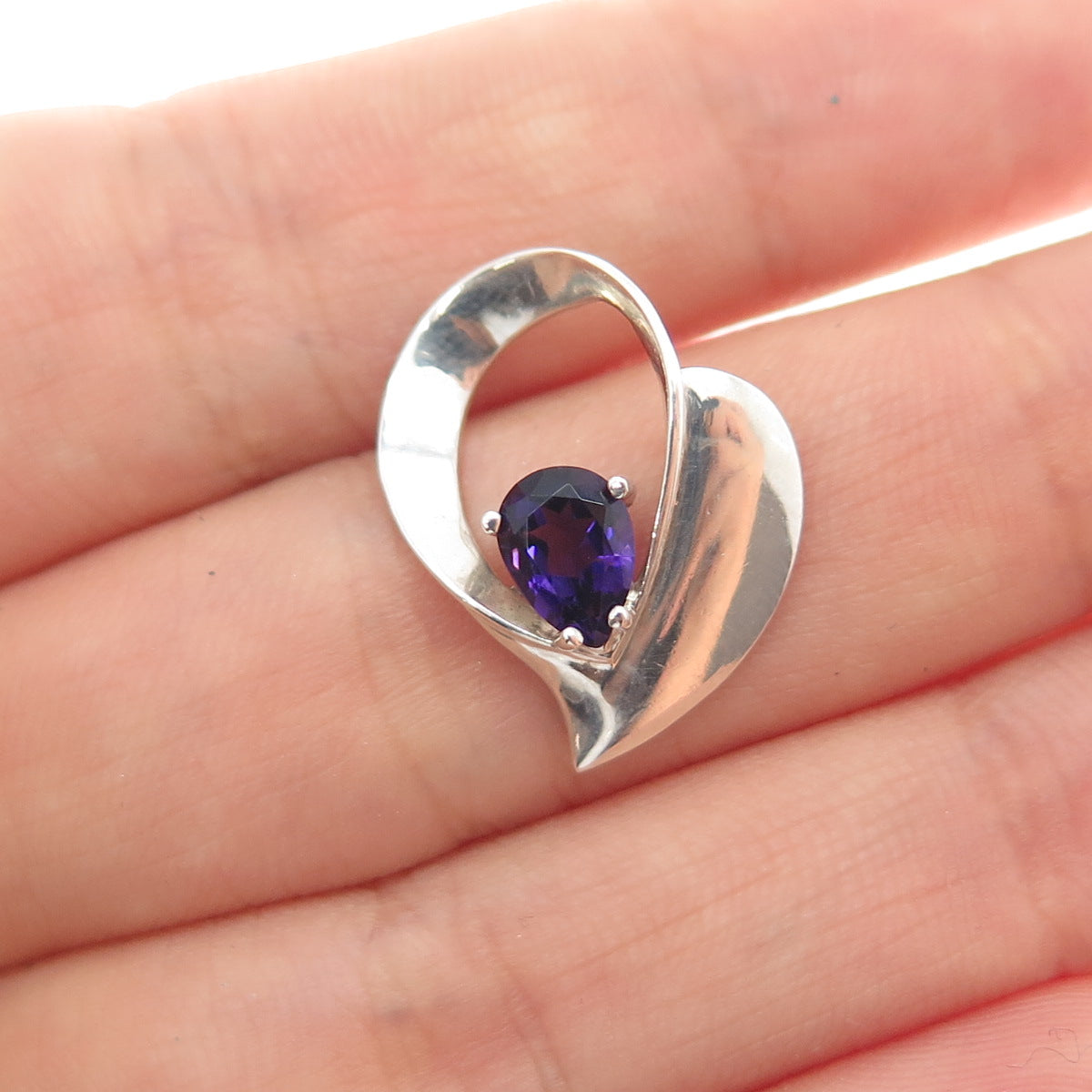 925 Sterling Silver Vintage Real Amethyst Heart Minimalist Charm Pendant