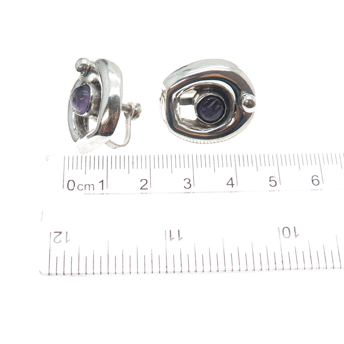 925 Sterling Silver Vintage Mexico Real Amethyst Modernist Screw Back Earrings