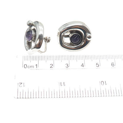 925 Sterling Silver Vintage Mexico Real Amethyst Modernist Screw Back Earrings