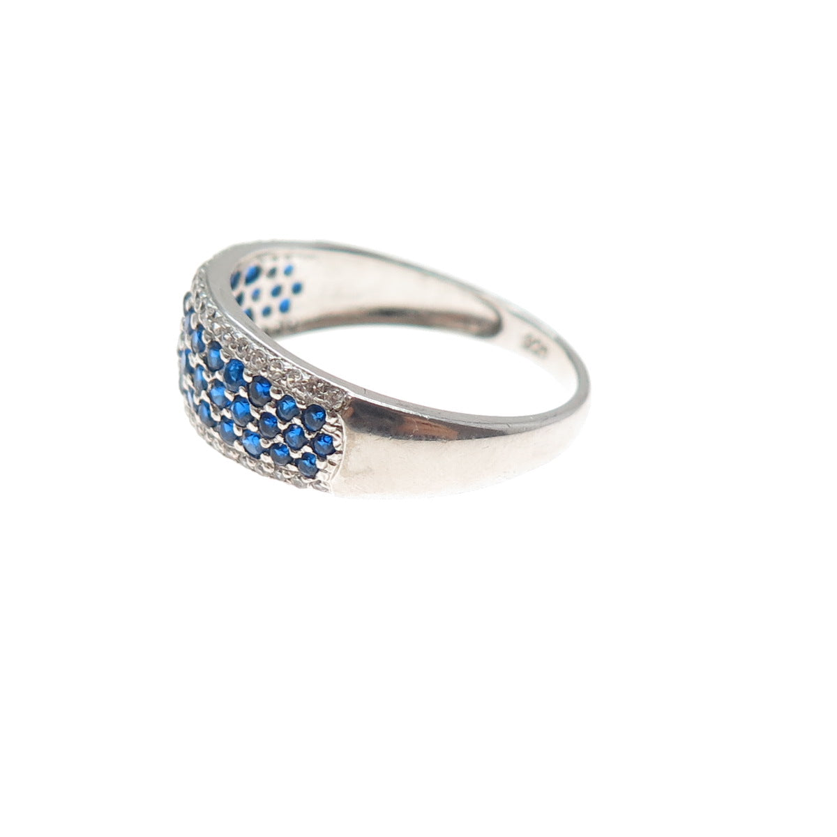 925 Sterling Silver Round-Cut Blue & White C Z Ring Size 7.25