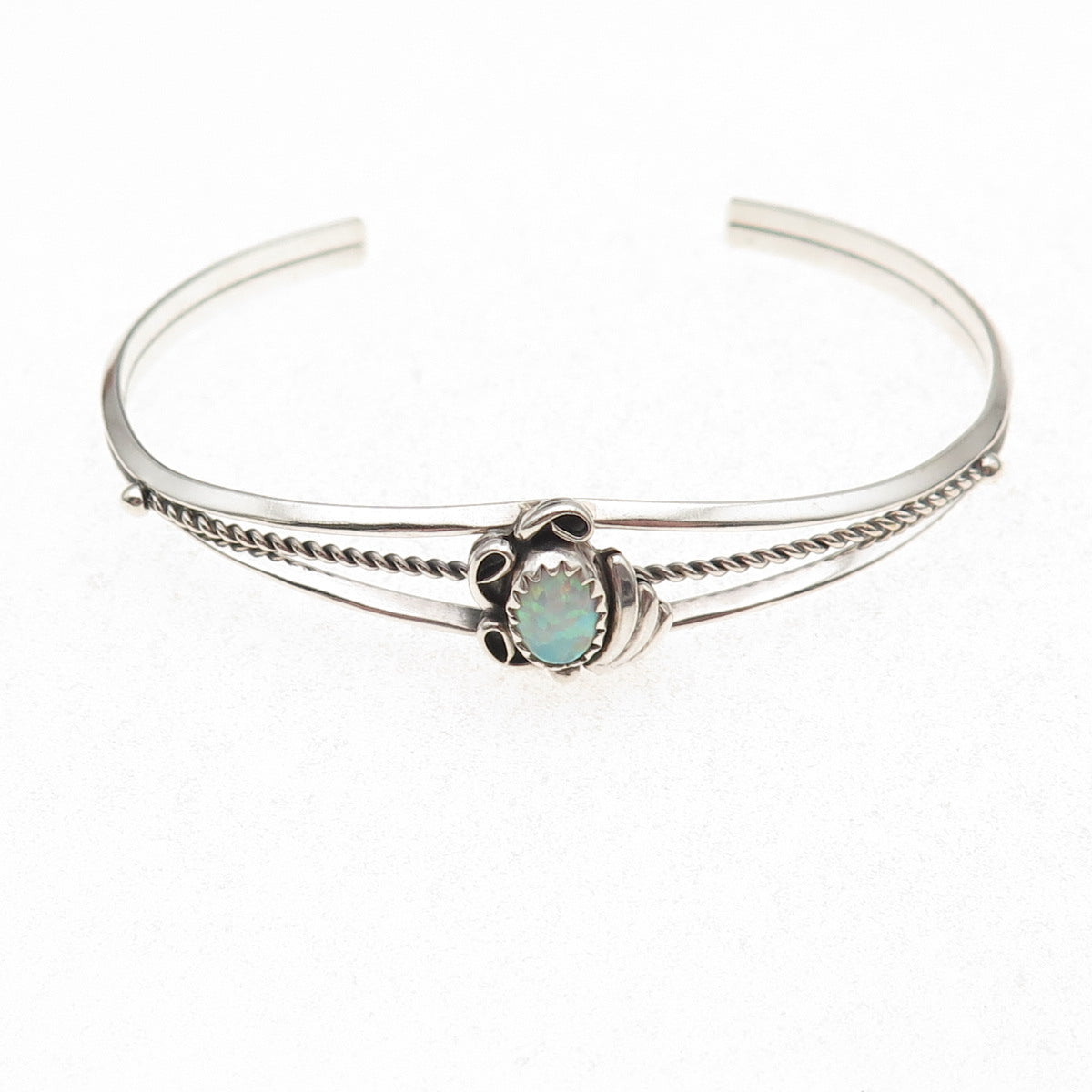 925 Sterling Silver Vintage Southwestern Real Opal Floral Adjustable Bracelet 6"