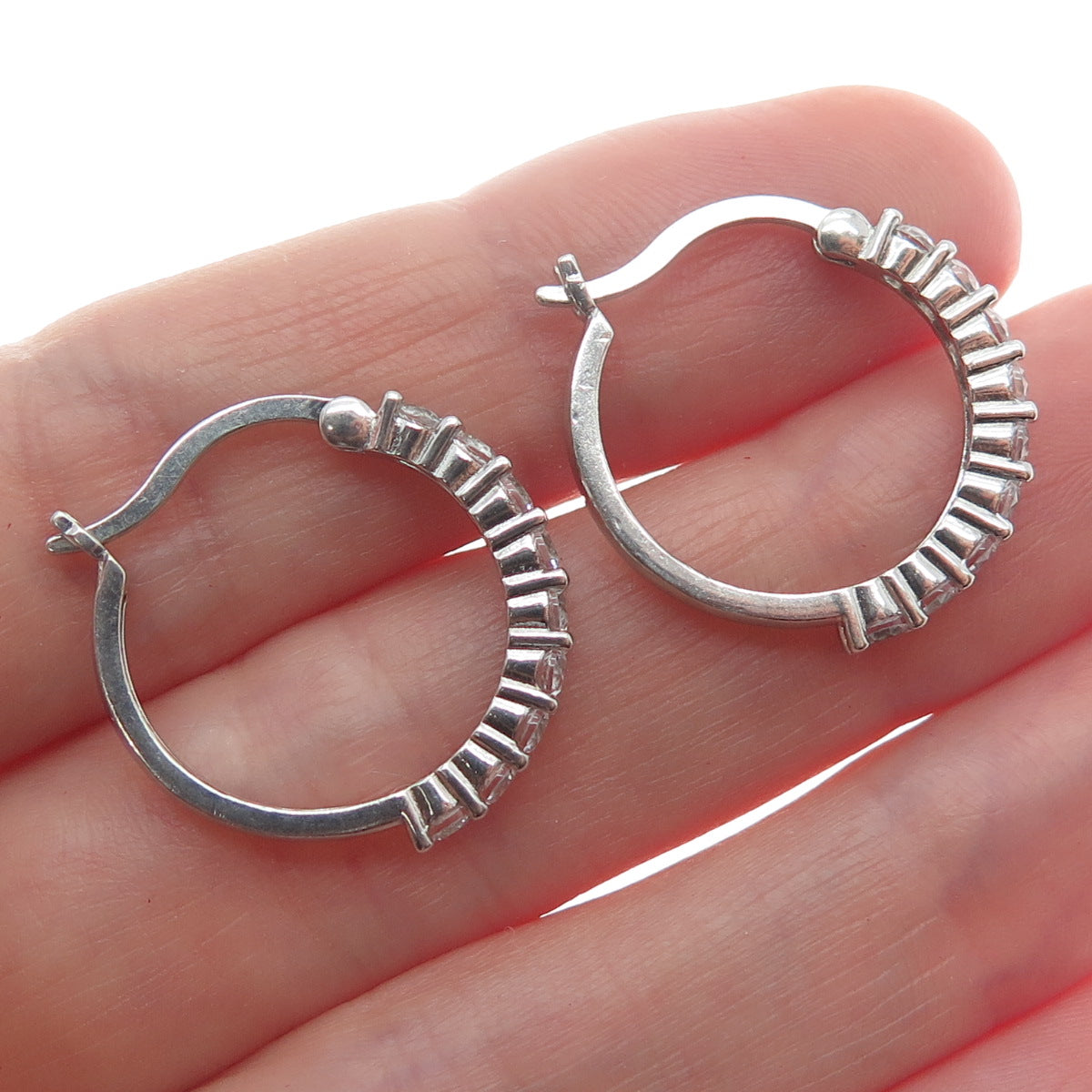 925 Sterling Silver Round-Cut Shaped C Z Hinged Hoop Earrings