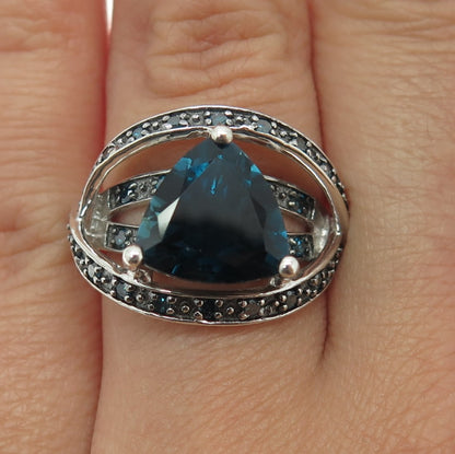 925 Sterling Silver Real Round-Cut Blue Diamond & London Blue Topaz Ring Size 6