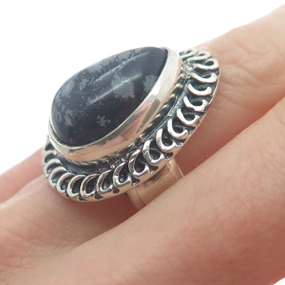 925 Sterling Silver Vintage Pear-Cut Snowflake Obsidian Oxidized Ring Size 9
