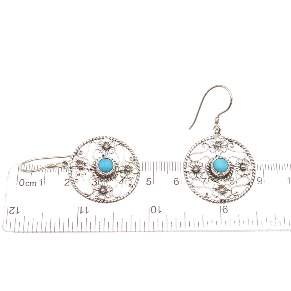 925 Sterling Silver Vintage Real Turquoise Floral Oxidized Dangle Earrings