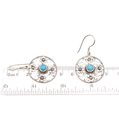 925 Sterling Silver Vintage Real Turquoise Floral Oxidized Dangle Earrings