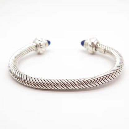 925 Sterling Silver Vintage Mexico Lapis Lazuli Gem Twisted Cuff Bracelet 7.5"