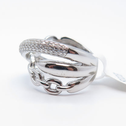 925 Sterling Silver Pave C Z Chain Crossover Ring Size 7