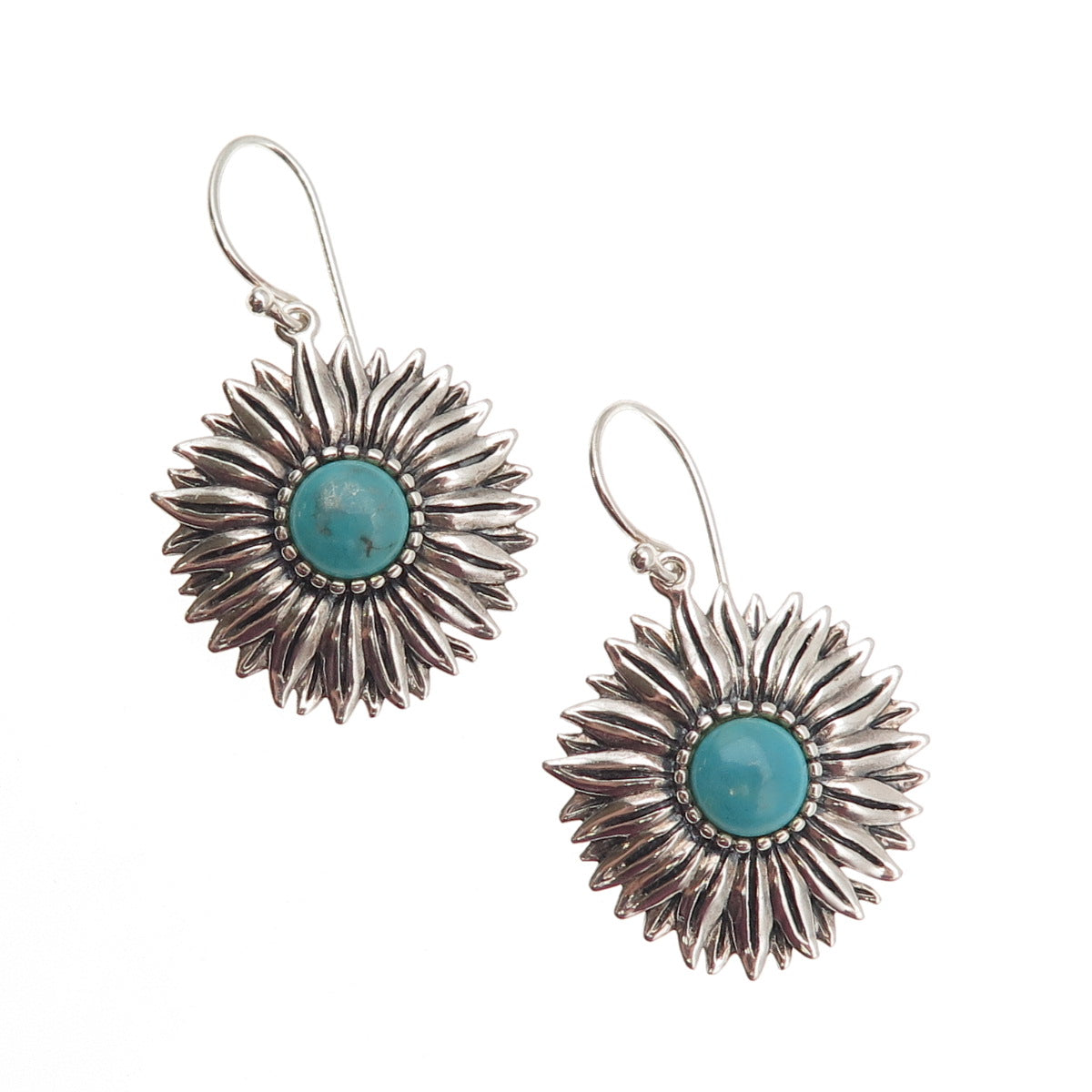 925 Sterling Silver Vintage Real Turquoise Sunflower Dangle Earrings