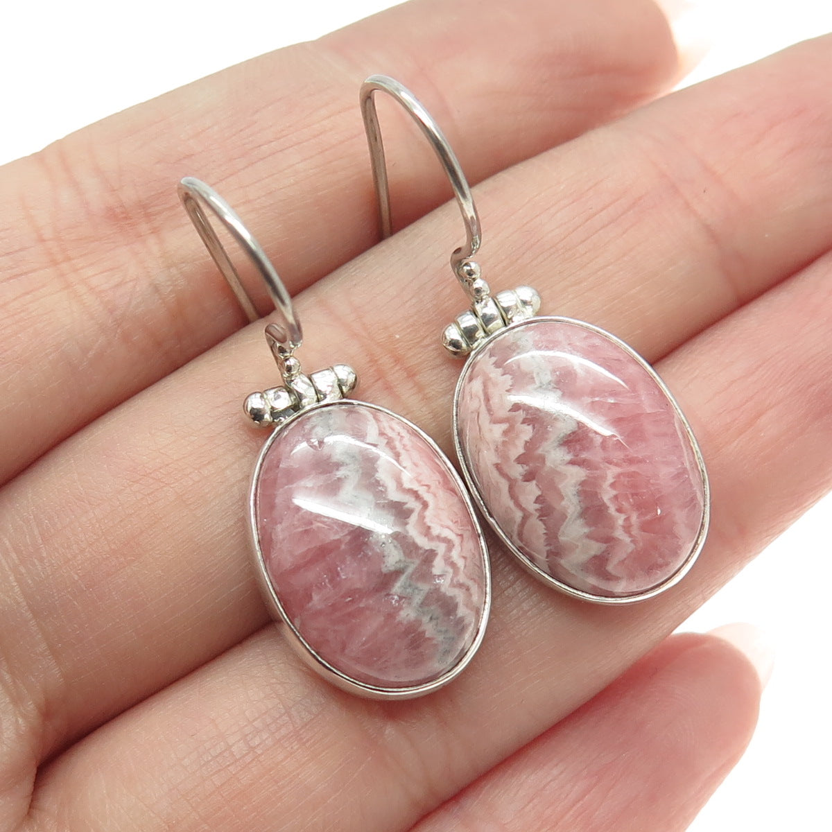 925 Sterling Silver Vintage Real Rose Crazy Lace Agate Gemstone Dangle Earrings