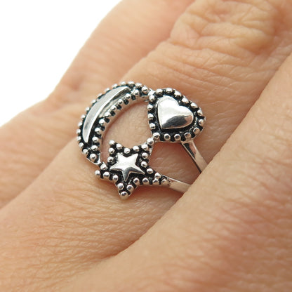 925 Sterling Silver Vintage Crescent Star & Heart Ring Size 6.25