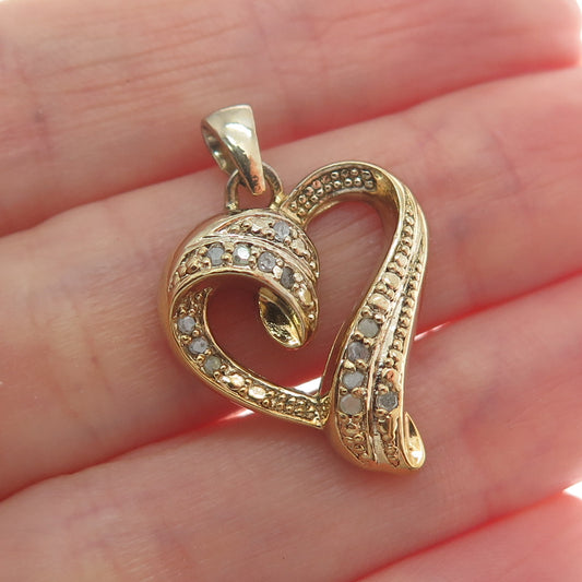 925 Sterling Silver Gold Plated Real Round-Cut Diamond Heart Minimalist Pendant