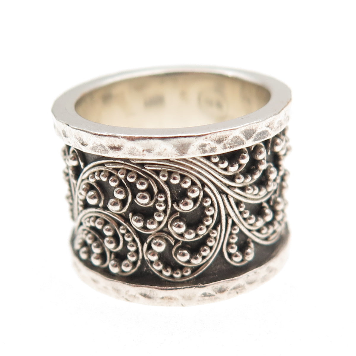 Lois Hill 925 Sterling Silver Vintage Granulated Scroll Wide Band Ring Size 6.5