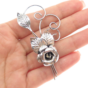 LANG 925 Sterling Silver Vintage Rose Flower Oxidized Pin Brooch