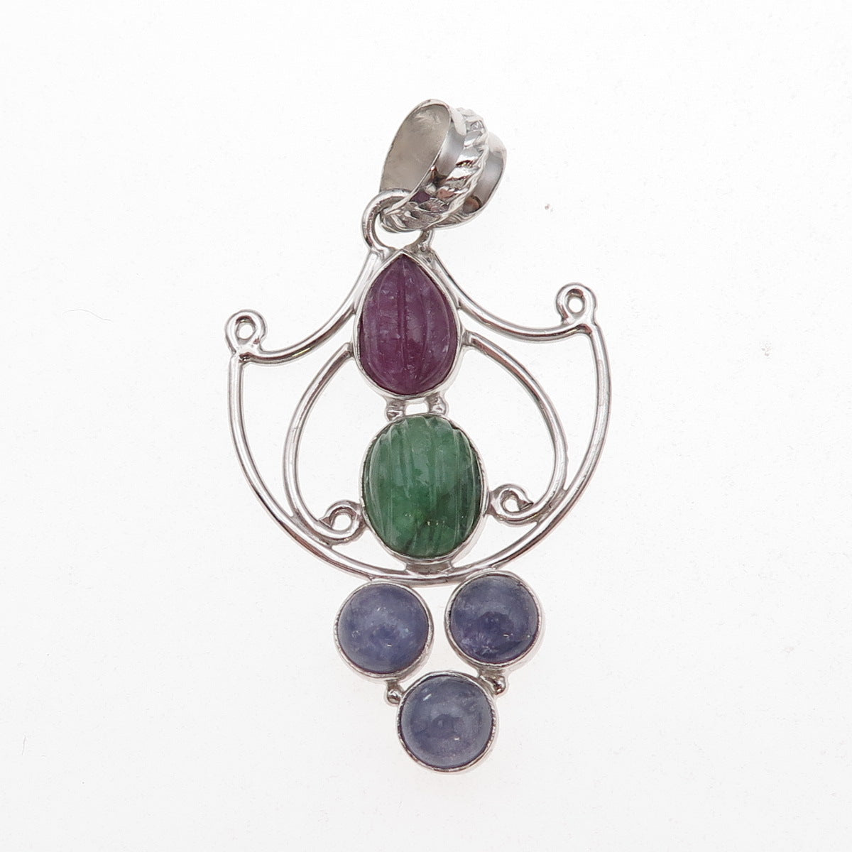 925 Sterling Silver Vintage Real Ruby Emerald & Tanzanite Modernist Pendant