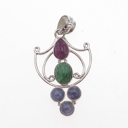 925 Sterling Silver Vintage Real Ruby Emerald & Tanzanite Modernist Pendant