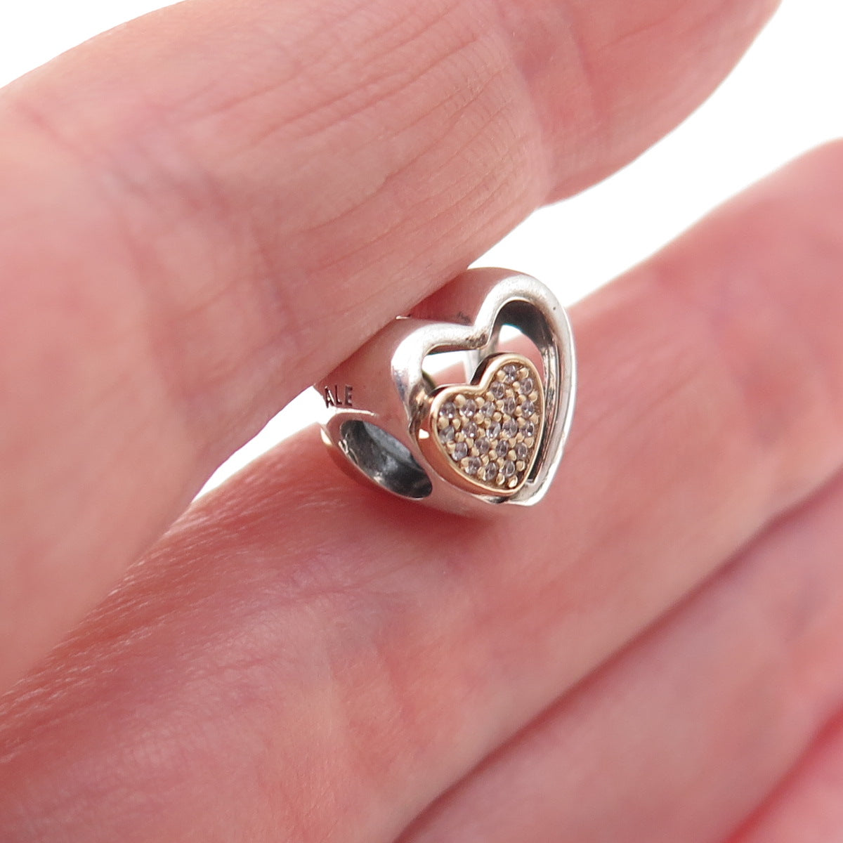 Pandora Sterling Silver Gold Accent C Z Joined Together Heart Slide Bead Charm
