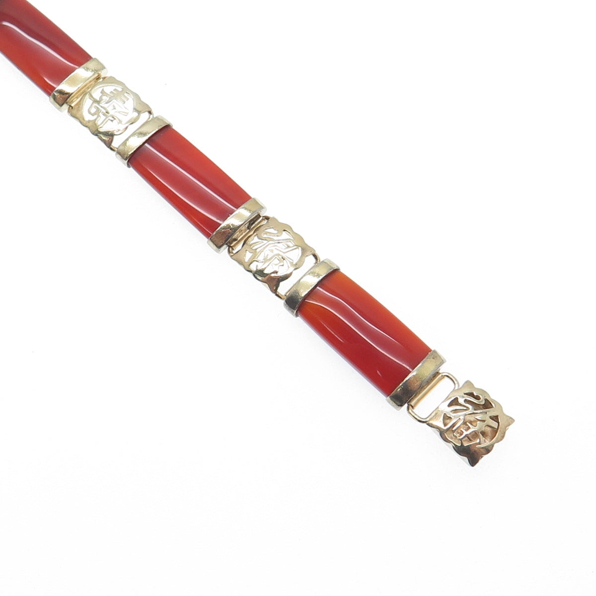925 Sterling Gold Plated Vintage Real Carnelian Chinese Character Bracelet 7"