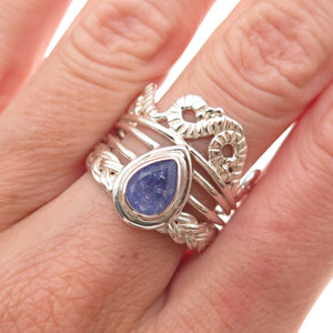 925 Sterling Silver Real Pear-Cut Tanzanite Oxidized Ring Size 8.5