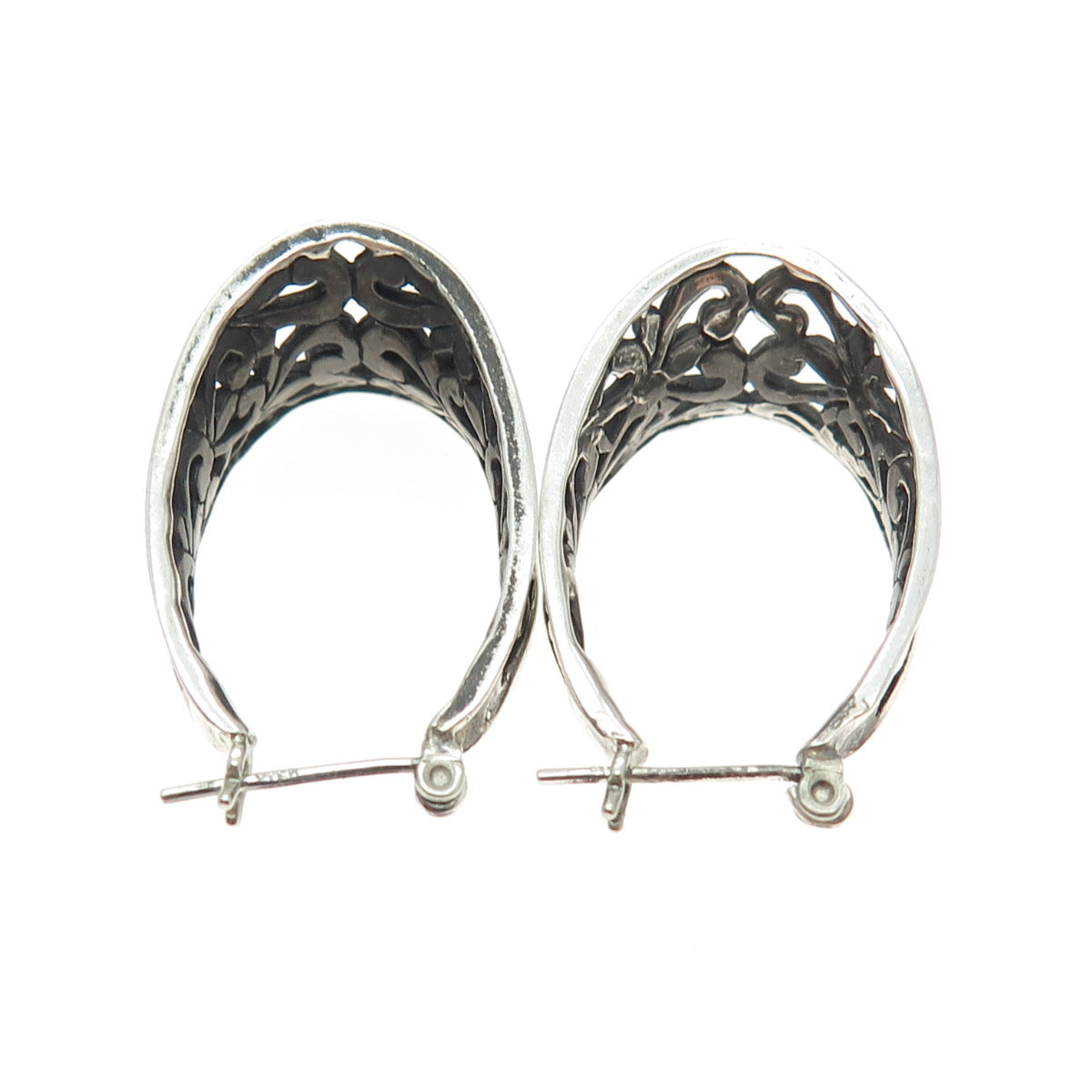 925 Sterling Silver Vintage Ornate Oval Hoop Modernist Earrings