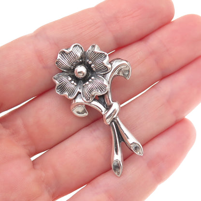 Beau 925 Sterling Silver Vintage Floral Repousse Oxidized Pin Brooch