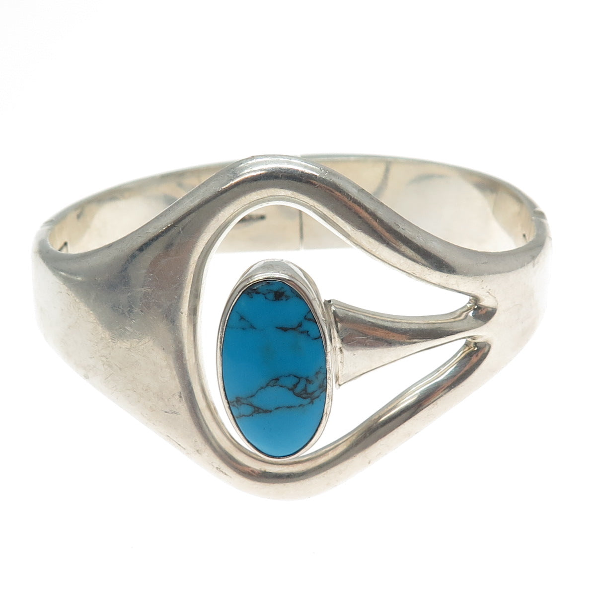 925 Sterling Silver Vintage Mexico Turquoise Modernist Bangle Bracelet 7.25"