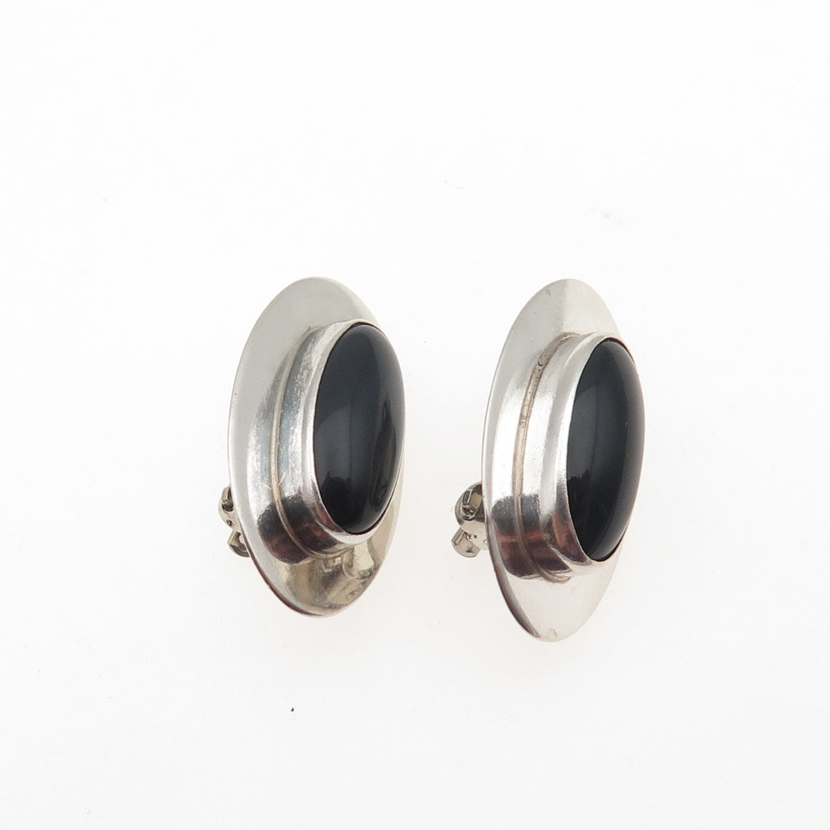 INCA 925 Sterling Silver Vintage Real Black Onyx Modernist Clip On Earrings