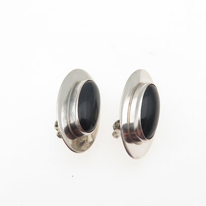 INCA 925 Sterling Silver Vintage Real Black Onyx Modernist Clip On Earrings