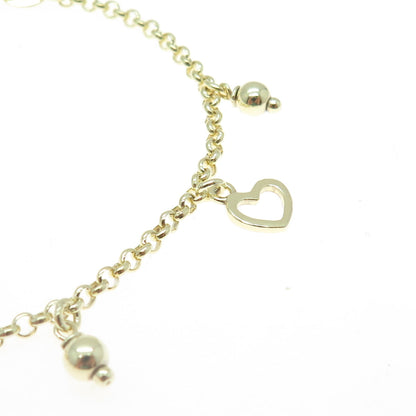 925 Sterling Silver Gold Plated Heart & Ball Charms Rolo Link Bracelet 7"