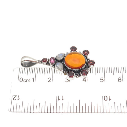 Sajen 925 Sterling Silver Vintage Real Amber Tourmaline Garnet Moonstone Pendant