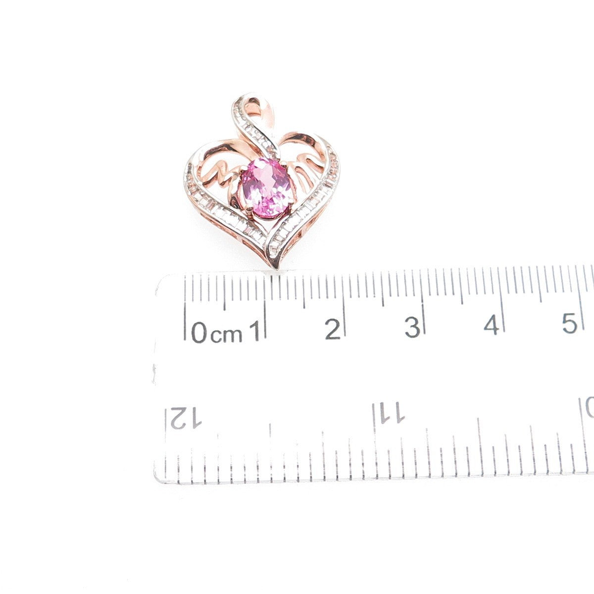 925 Sterling Rose Gold Plated Real Pink & White Topaz Mom Heart Charm Pendant
