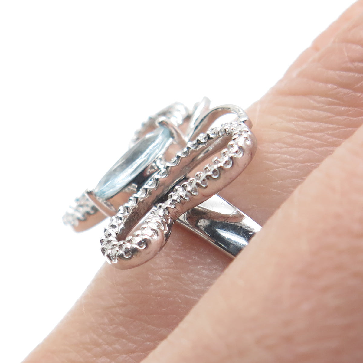 925 Sterling Silver Real Diamond Accent & Blue Topaz Butterfly Ring Size 7.75