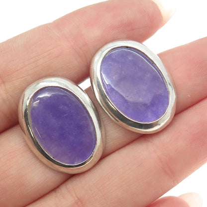 925 Sterling Silver Vintage Real Lavender Jade Gemstone Oval Earrings