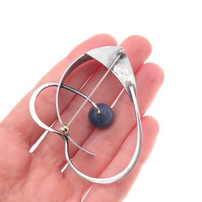 Bill Tendler Sterling Silver Vintage Real Lapis Modernist Oxidized Pin Brooch