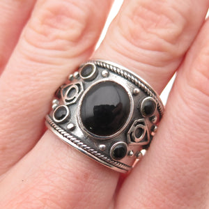 925 Sterling Silver Vintage Real Black Onyx Modernist Oxidized Ring Size 8.25