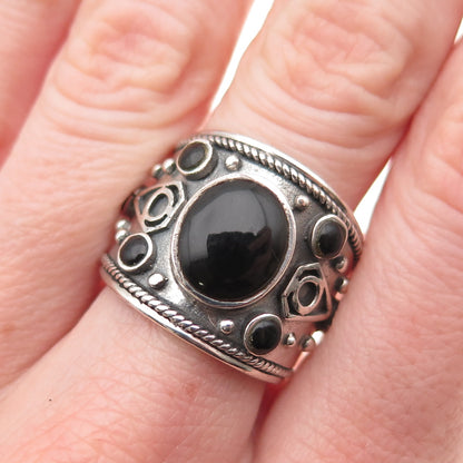 925 Sterling Silver Vintage Real Black Onyx Modernist Oxidized Ring Size 8.25