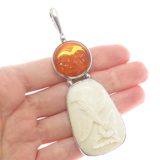 SAJEN 925 Sterling Silver Vintage Real Amber Carved Sun Face Hummingbird Pendant