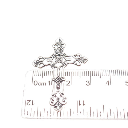 925 Sterling Silver Vintage Fleur de Lis Cross Oxidized Slide Pendant