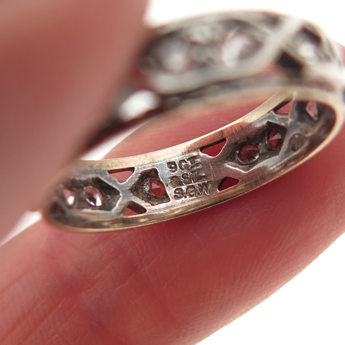 925 Sterling Silver 9K Gold Vintage SGW Rhinestone Oxidized Band Ring Size 6.5