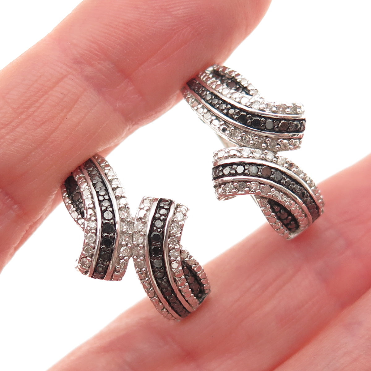 925 Sterling Silver Real Round-Cut Black & White Diamond Hoop Earrings