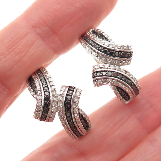 925 Sterling Silver Real Round-Cut Black & White Diamond Hoop Earrings