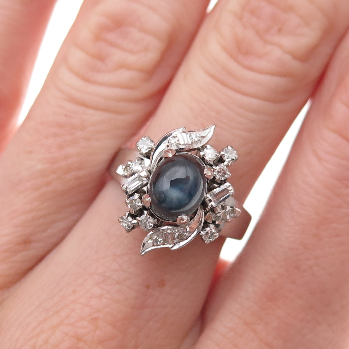 925 Sterling Silver Antique Art Deco Real Diamond & Sapphire Ring Size 6.75