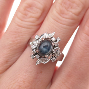 925 Sterling Silver Antique Art Deco Real Diamond & Sapphire Ring Size 6.75