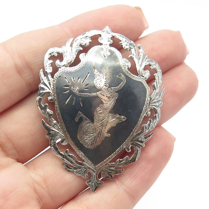 925 Sterling Silver Vintage Siam Niello Hindu Goddess Pin Brooch