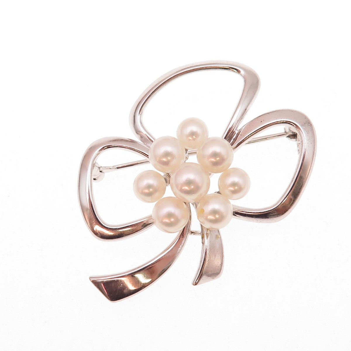 Mikimoto 925 Sterling Silver Antique Japan Real Akoya Pearl Bow Pin Brooch