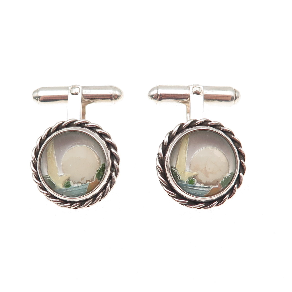 Vincent Simone 925 Sterling Silver Vintage Enamel Landscape Cufflinks