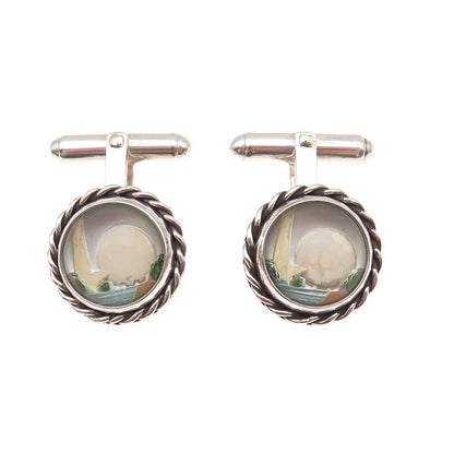 Vincent Simone 925 Sterling Silver Vintage Enamel Landscape Cufflinks